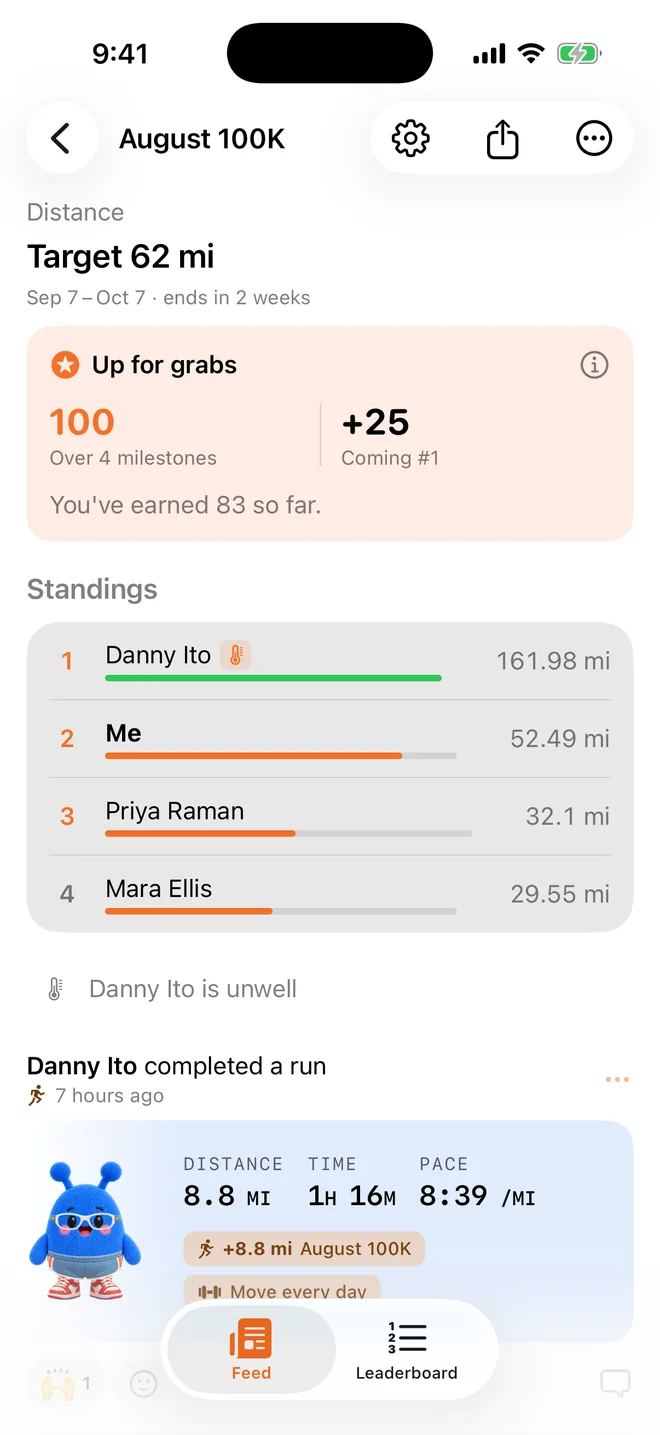 A challenge called August 100K: a 62 mile target, bonuses up for grabs, and the standings.