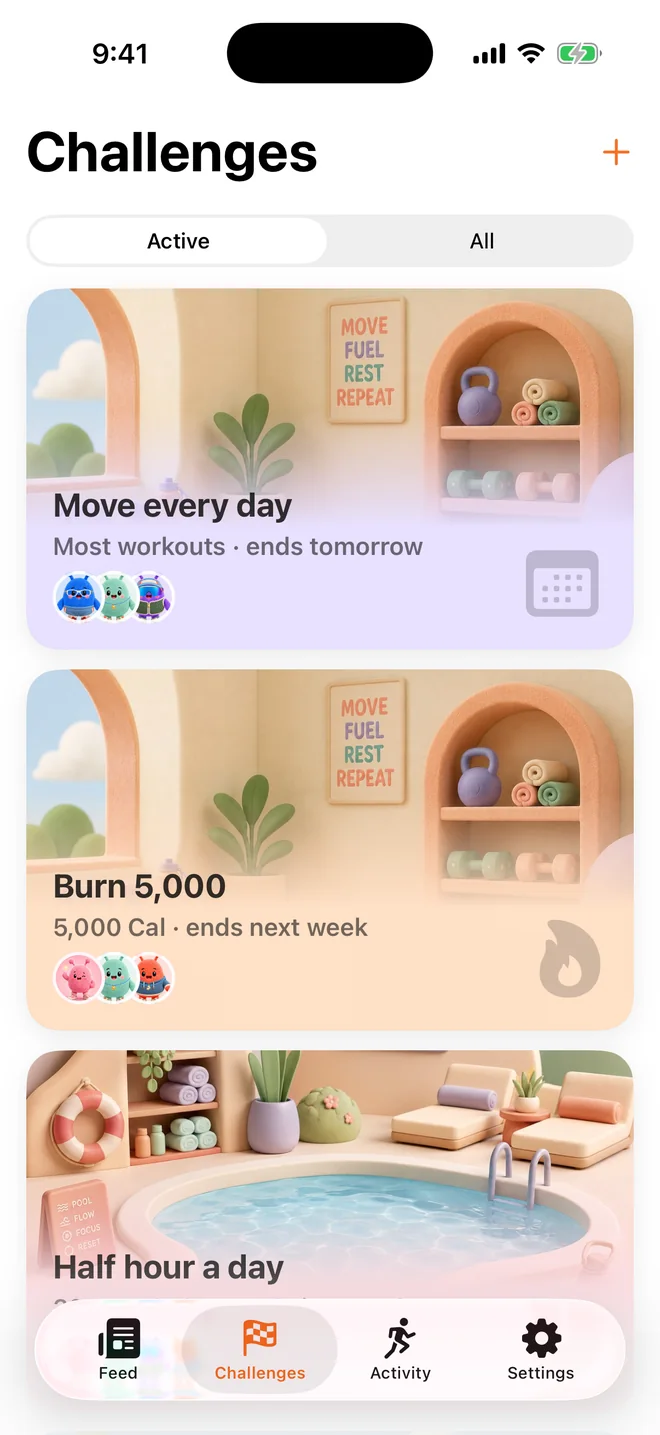 The Challenges tab: Move every day, Burn 5,000 and Half hour a day, each with an illustrated cover.